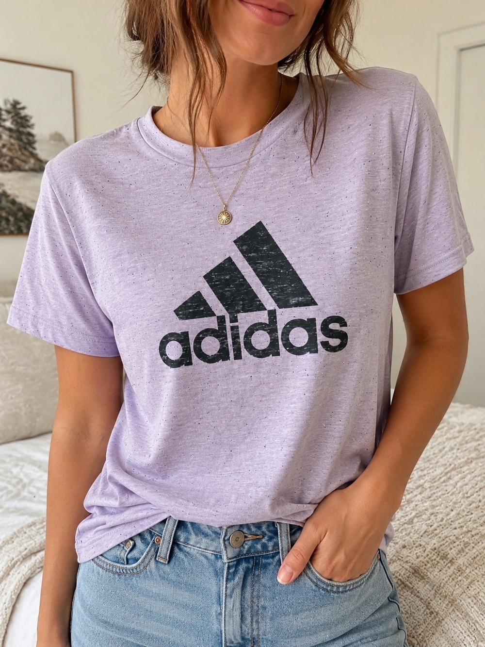 Adidas Lilac Speckled Logo Tee Purple Short Sleeve Size Small